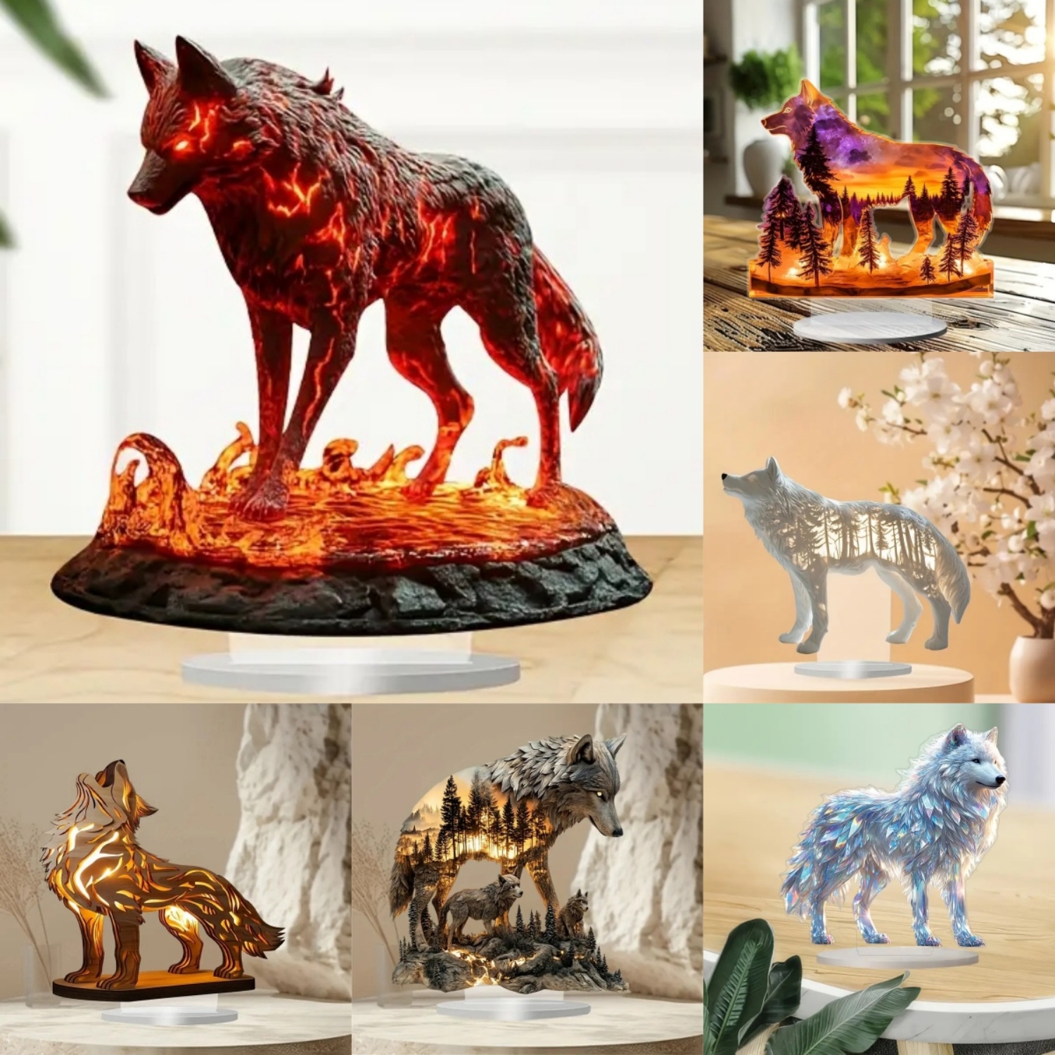 Display Case Acrylic - Flame Wolf Statue,2D Flat Acrylic Figurine,Home,Office,studio,Cafe,room,display